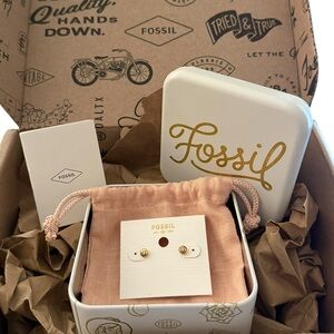 FOSSIL 18K Gold-Plated Sterling Silver Lab Grown Diamond Stud Earrings NIB